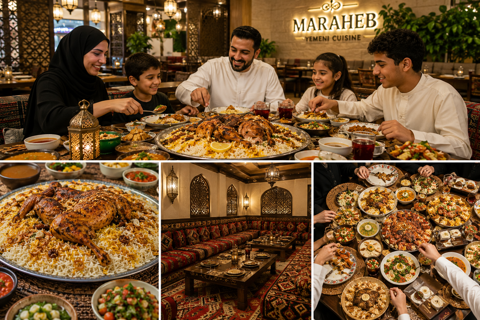 Family group dining at Maraheb restaurant in Dubai